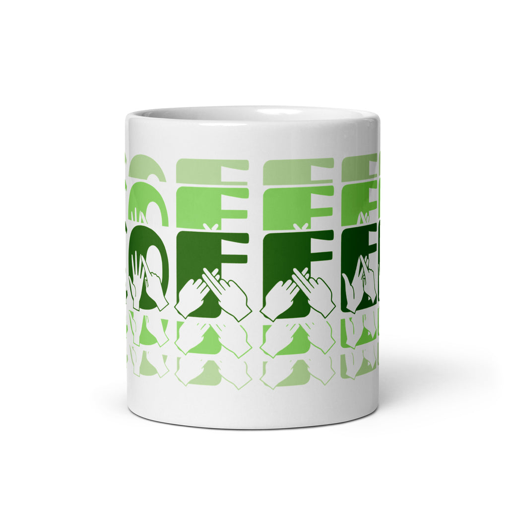 White mug featuring the phrase Coffee written in BSL Fingerspelling and Text wrapping around the mug in green cutaway design.