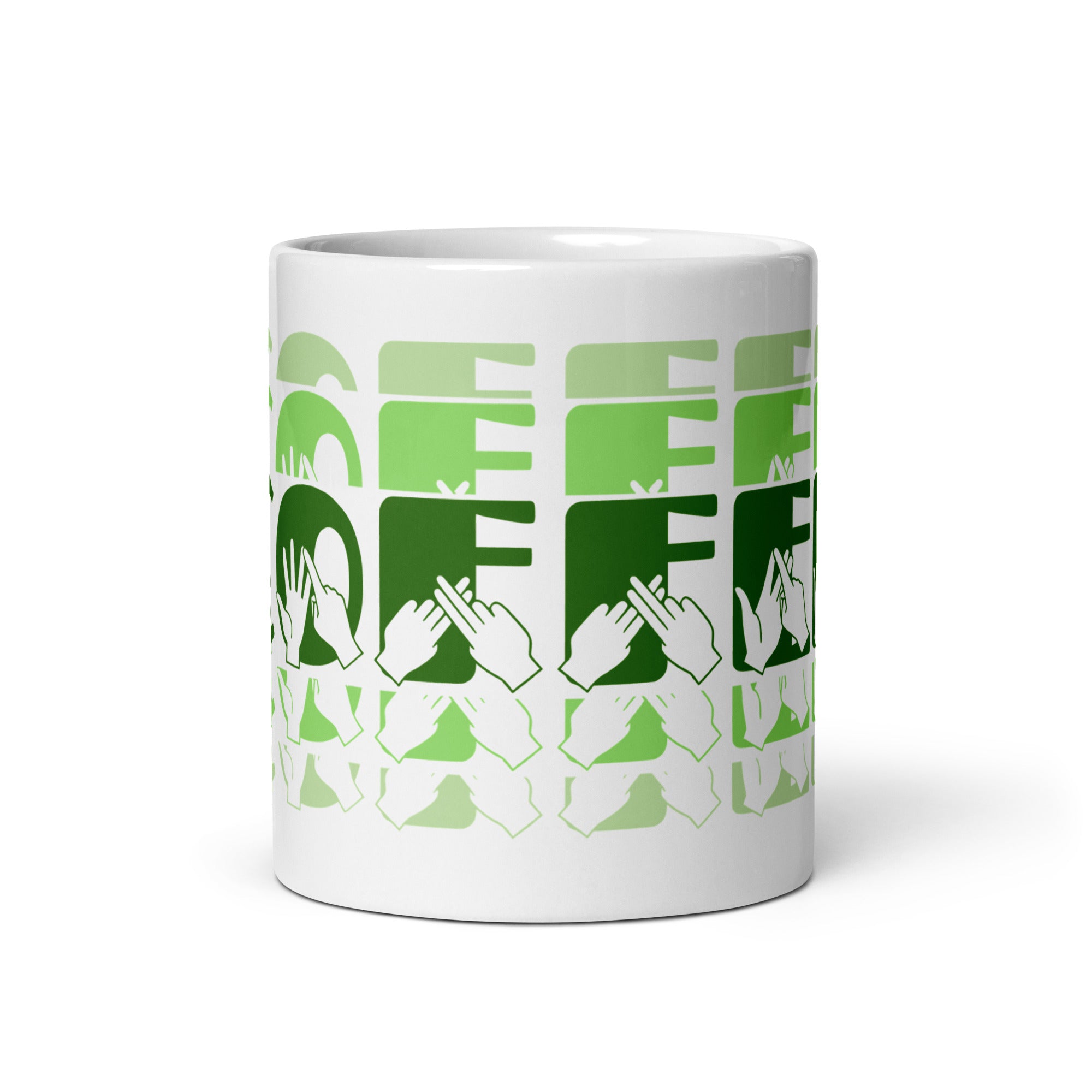 White mug featuring the phrase Coffee written in BSL Fingerspelling and Text wrapping around the mug in green cutaway design.