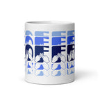 White mug featuring the phrase Coffee written in BSL Fingerspelling and Text wrapping around the mug in blue cutaway design.