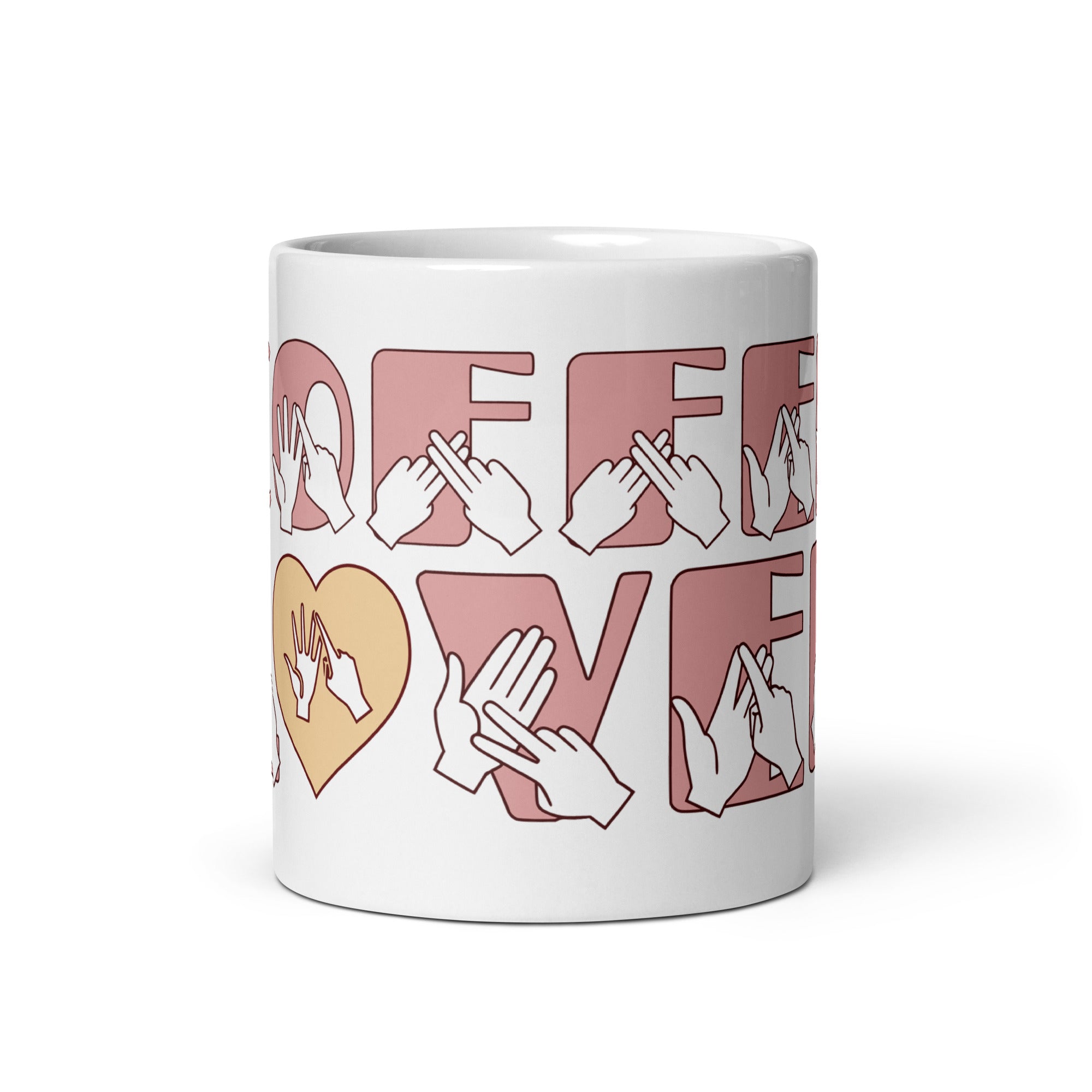 White mug featuring the phrase Coffee Lover written in BSL Fingerspelling and Text wrapping around the mug in pink.