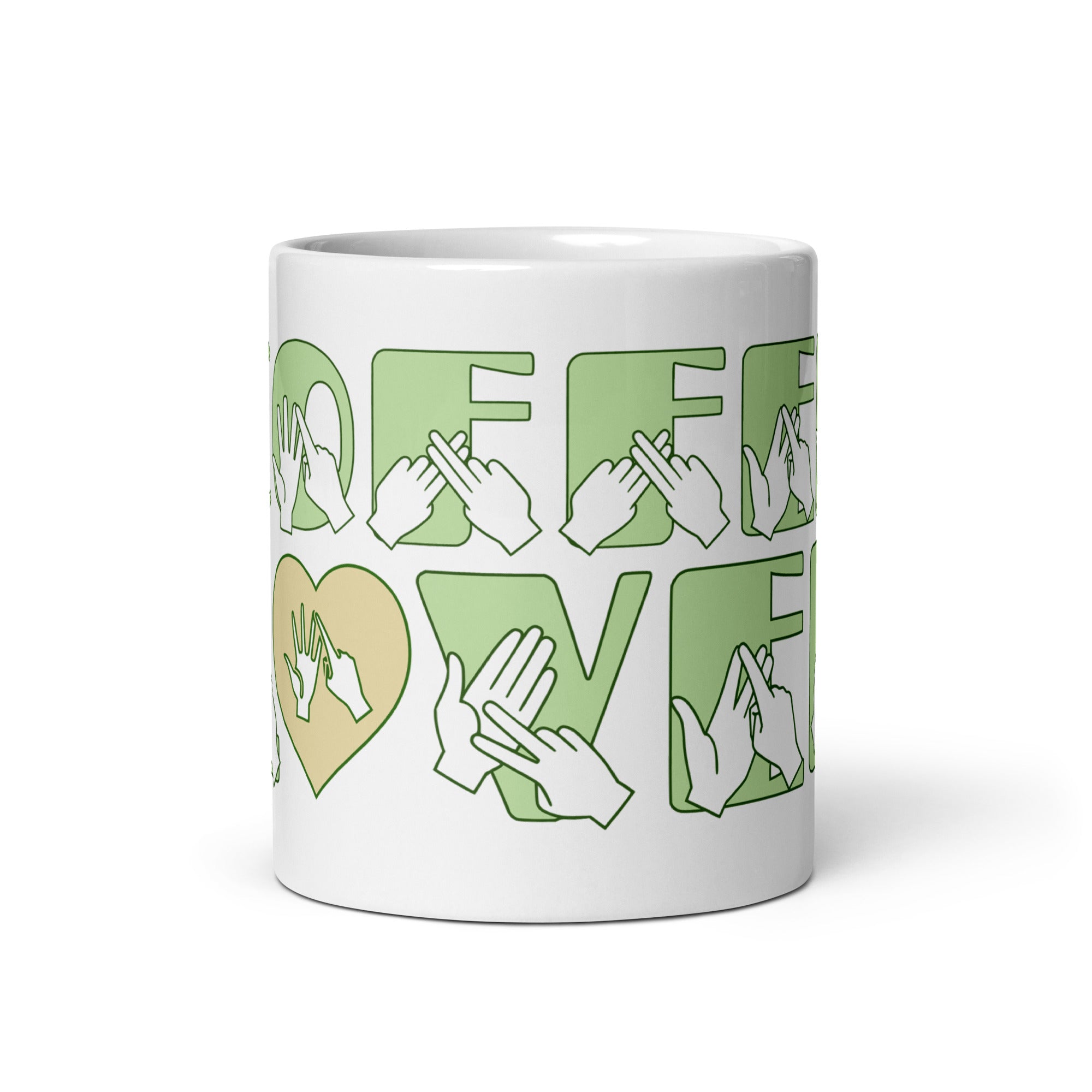 White mug featuring the phrase Coffee Lover written in BSL Fingerspelling and Text wrapping around the mug in green.