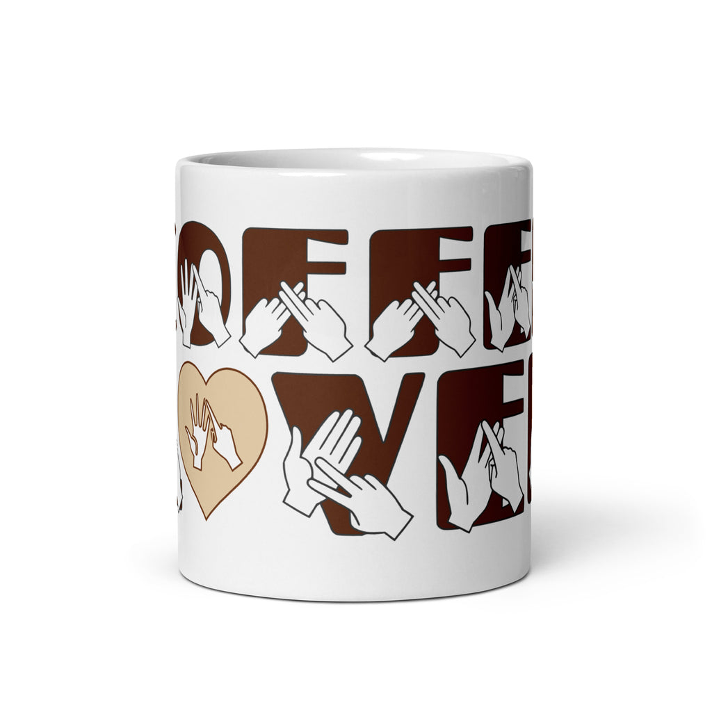 White mug featuring the phrase Coffee Lover written in BSL Fingerspelling and Text wrapping around the mug in brown.