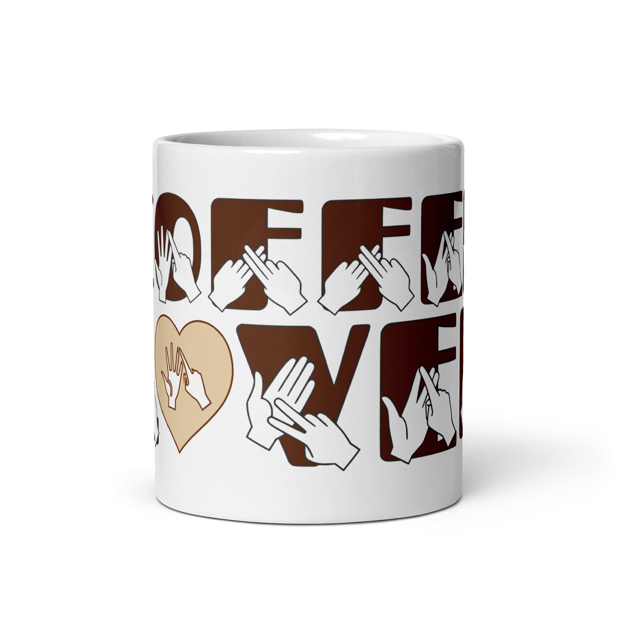 White mug featuring the phrase Coffee Lover written in BSL Fingerspelling and Text wrapping around the mug in brown.