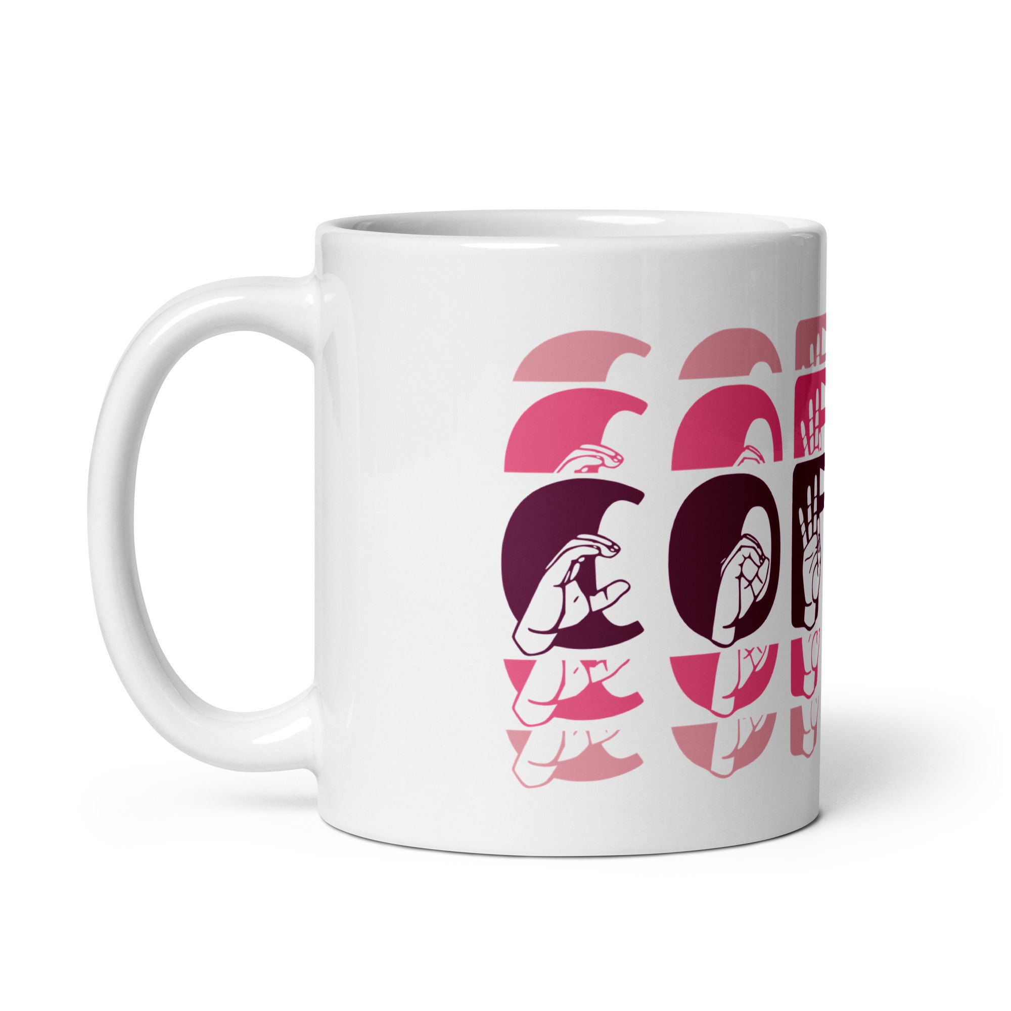 White mug featuring the phrase Coffee written in ASL Fingerspelling and Text wrapping around the mug in pink cutaway design. The mug handle is on the left hand side of the mug.