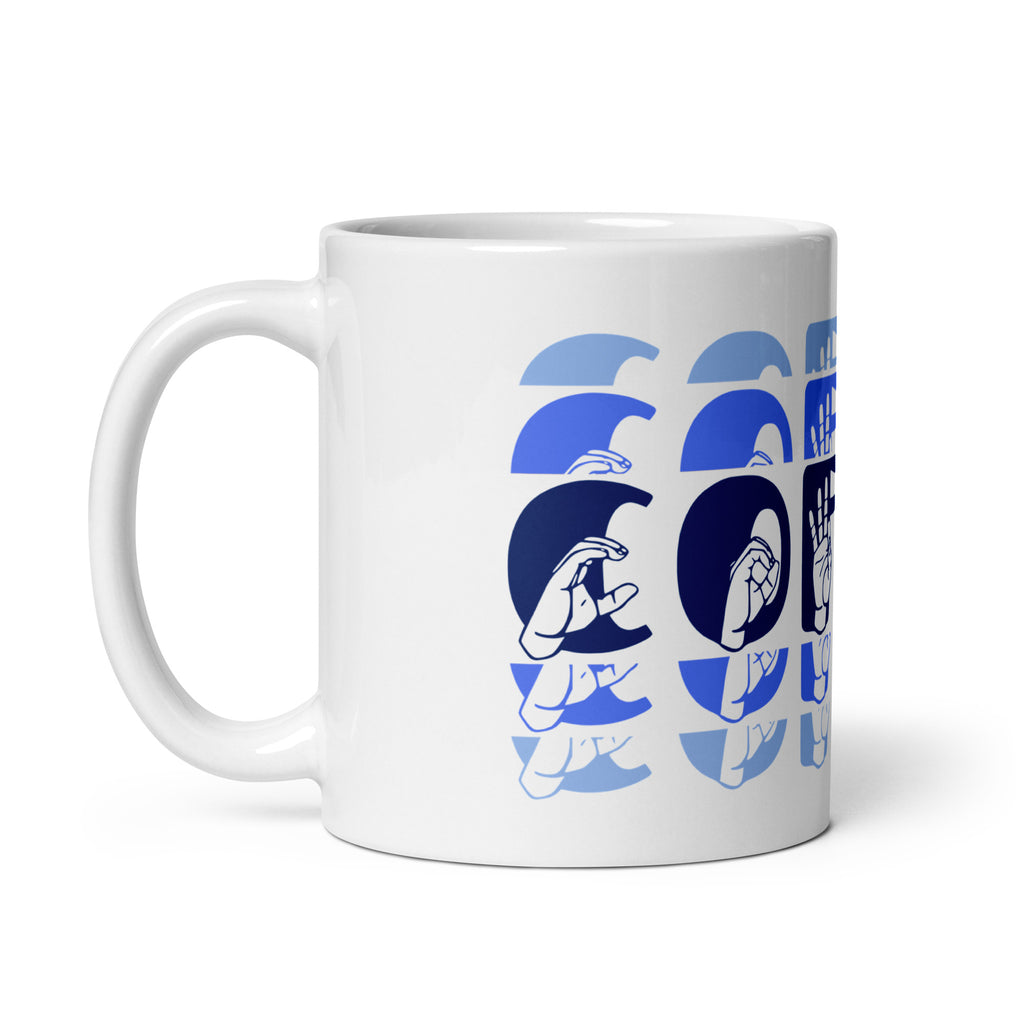 White mug featuring the phrase Coffee written in ASL Fingerspelling and Text wrapping around the mug in blue cutaway design. The mug handle is on the left hand side of the mug.