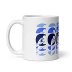 White mug featuring the phrase Coffee written in ASL Fingerspelling and Text wrapping around the mug in blue cutaway design. The mug handle is on the left hand side of the mug.