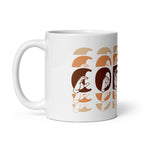 White mug featuring the phrase Coffee written in ASL Fingerspelling and Text wrapping around the mug in brown cutaway design. The mug handle is on the left hand side of the mug.