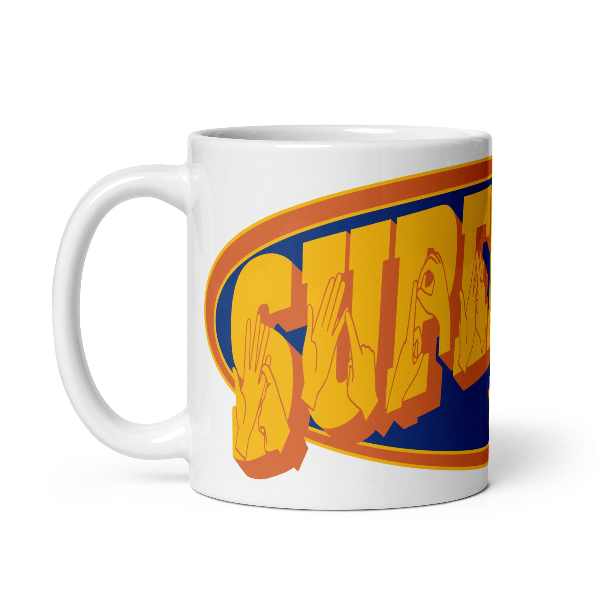 A white mug with the handle on the left showing a Supermam BSL design