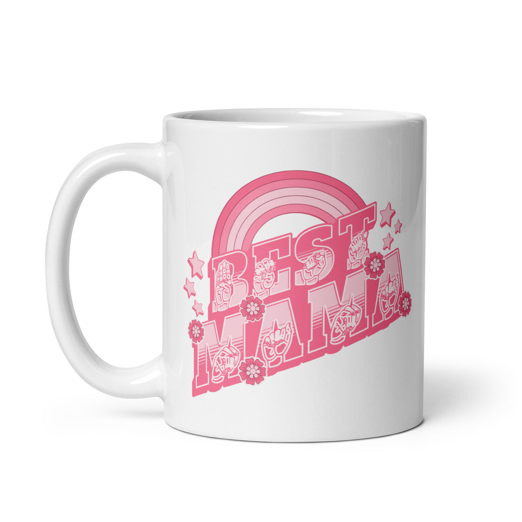 White mug with the handle on the left showing a Best Mama ASL design