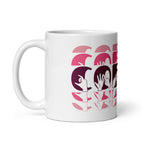 White mug featuring the phrase Coffee written in BSL Fingerspelling and Text wrapping around the mug in pink cutaway design. The mug handle is on the left hand side of the mug.
