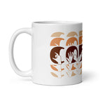 White mug featuring the phrase Coffee written in BSL Fingerspelling and Text wrapping around the mug in brown cutaway design. The mug handle is on the left hand side of the mug.