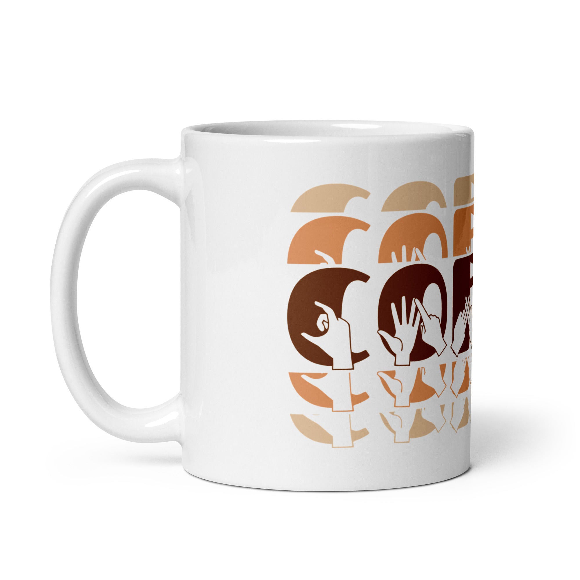 White mug featuring the phrase Coffee written in BSL Fingerspelling and Text wrapping around the mug in brown cutaway design. The mug handle is on the left hand side of the mug.