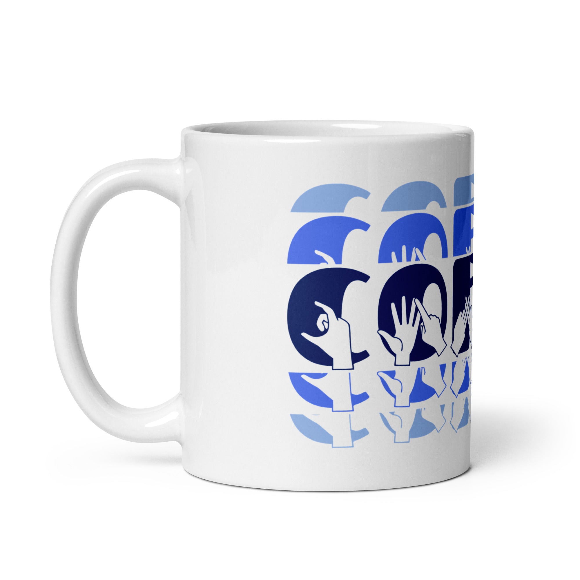 White mug featuring the phrase Coffee written in BSL Fingerspelling and Text wrapping around the mug in blue cutaway design. The mug handle is on the left hand side of the mug.