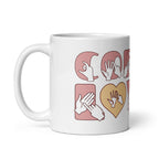 White mug featuring the phrase Coffee Lover written in BSL Fingerspelling and Text wrapping around the mug in pink. The mug handle is on the left hand side of the mug.