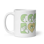 White mug featuring the phrase Coffee Lover written in BSL Fingerspelling and Text wrapping around the mug in green. The mug handle is on the left hand side of the mug.
