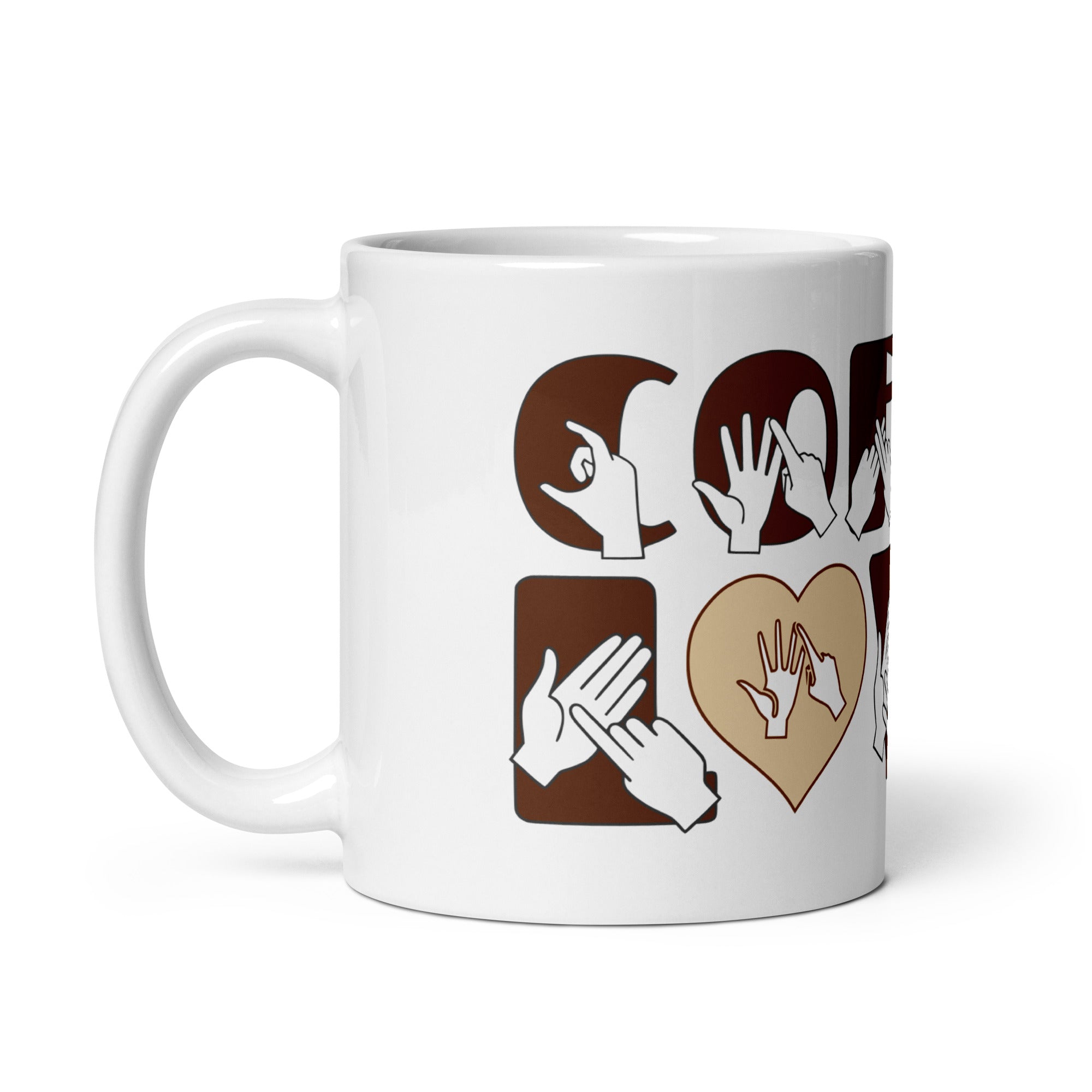 White mug featuring the phrase Coffee Lover written in BSL Fingerspelling and Text wrapping around the mug in brown. The mug handle is on the left hand side of the mug.
