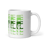 White mug featuring the phrase Coffee written in ASL Fingerspelling and Text wrapping around the mug in green cutaway design. The mug handle is on the right hand side of the mug.