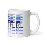 White mug featuring the phrase Coffee written in ASL Fingerspelling and Text wrapping around the mug in blue cutaway design. The mug handle is on the right hand side of the mug.