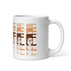 White mug featuring the phrase Coffee written in ASL Fingerspelling and Text wrapping around the mug in brown cutaway design. The mug handle is on the right hand side of the mug.