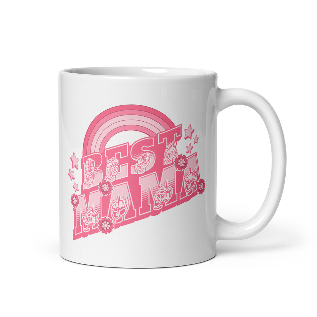 White mug with the handle on the right showing a Best Mama ASL design