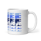 White mug featuring the phrase Coffee written in BSL Fingerspelling and Text wrapping around the mug in blue cutaway design. The mug handle is on the right hand side of the mug.