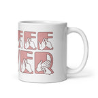 White mug featuring the phrase Coffee Lover written in BSL Fingerspelling and Text wrapping around the mug in pink. The mug handle is on the right hand side of the mug.