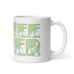 White mug featuring the phrase Coffee Lover written in BSL Fingerspelling and Text wrapping around the mug in green. The mug handle is on the right hand side of the mug.