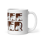 White mug featuring the phrase Coffee Lover written in BSL Fingerspelling and Text wrapping around the mug in brown. The mug handle is on the right hand side of the mug.