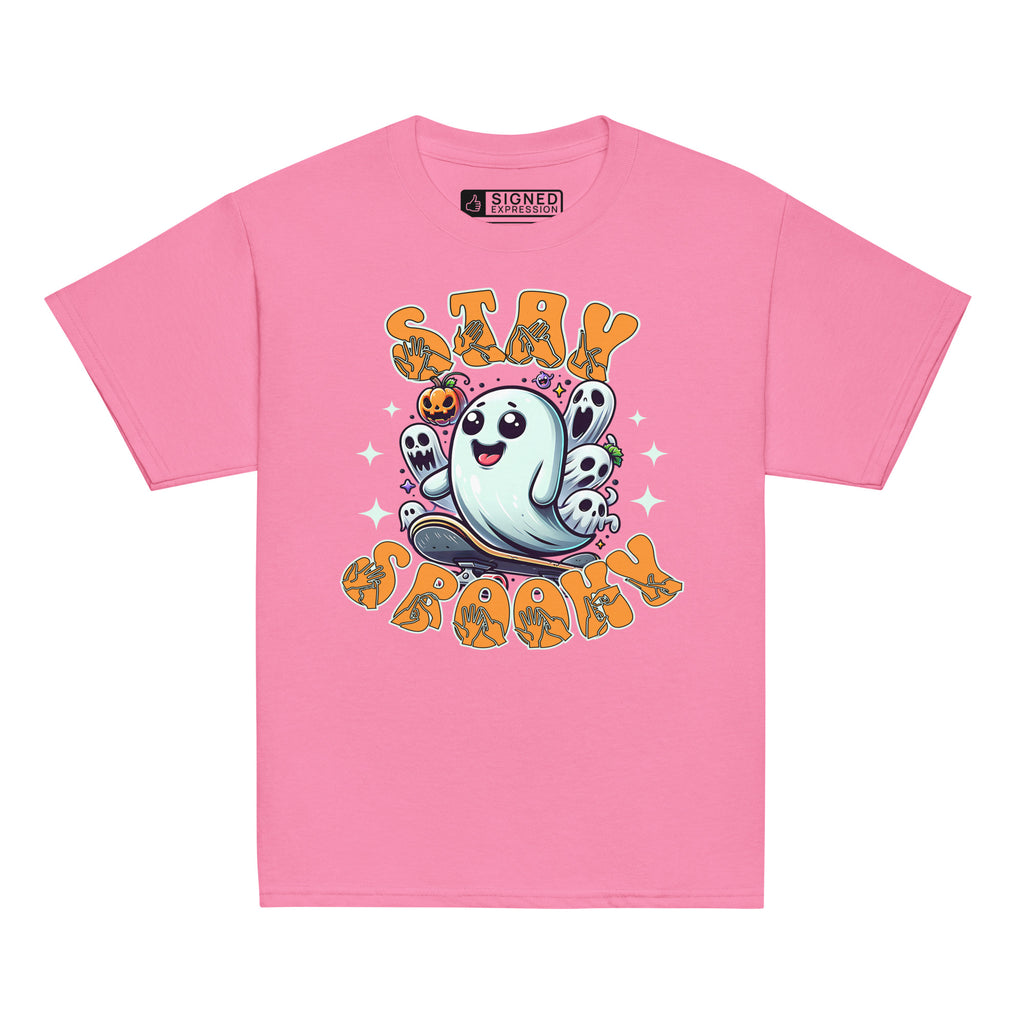 Azalea coloured kids Halloween t-shirt with BSL design and skateboarding ghost.