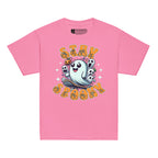Azalea coloured kids Halloween t-shirt with BSL design and skateboarding ghost.