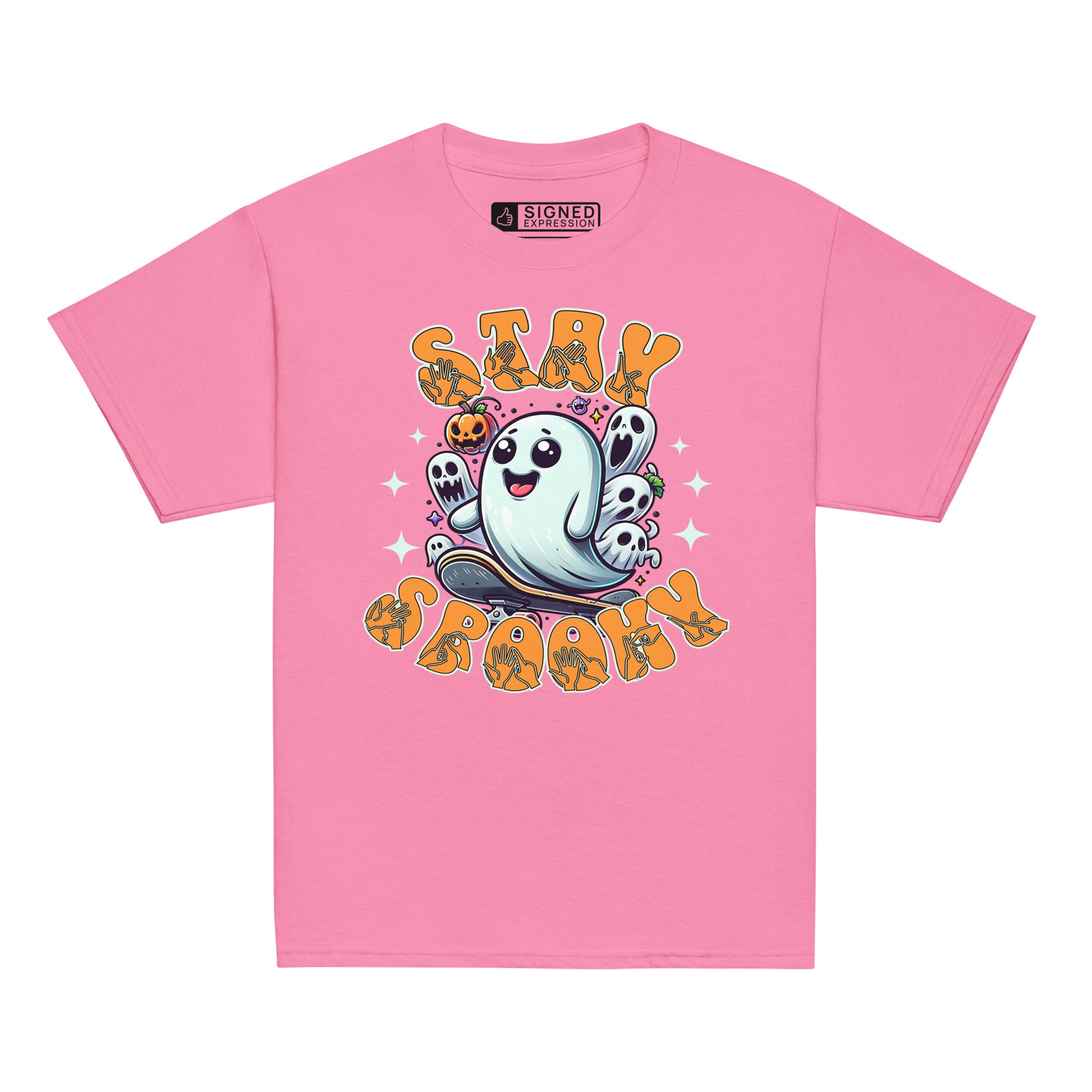Azalea coloured kids Halloween t-shirt with BSL design and skateboarding ghost.