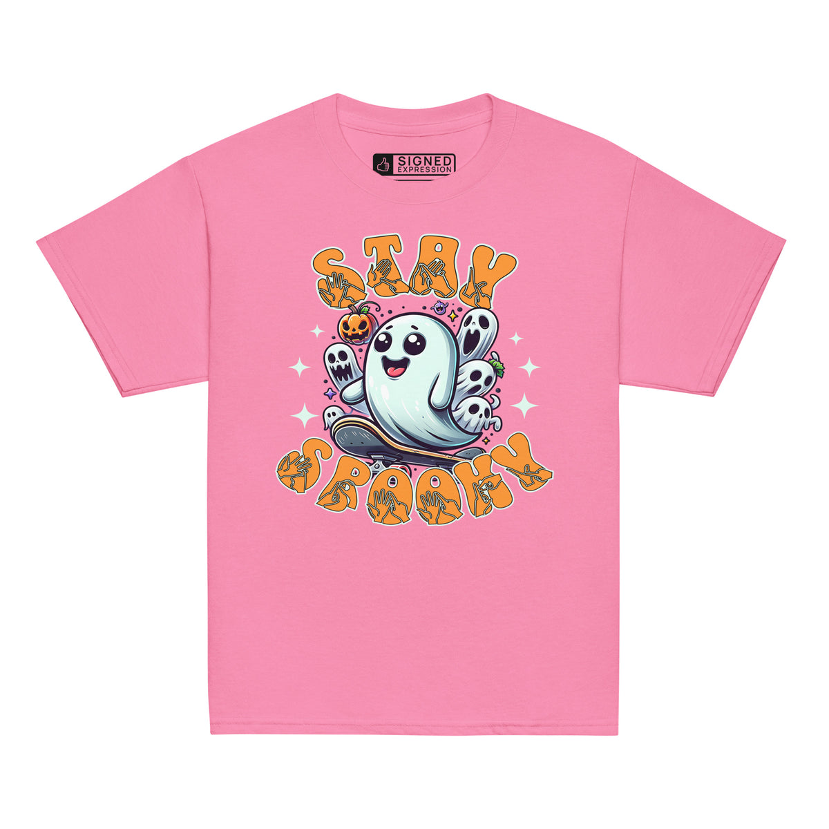 Azalea coloured kids Halloween t-shirt with BSL design and skateboarding ghost.