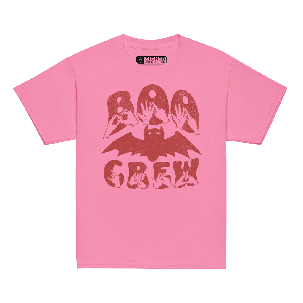 Azalea coloured kids Boo Crew bat Halloween t-shirt with BSL design.