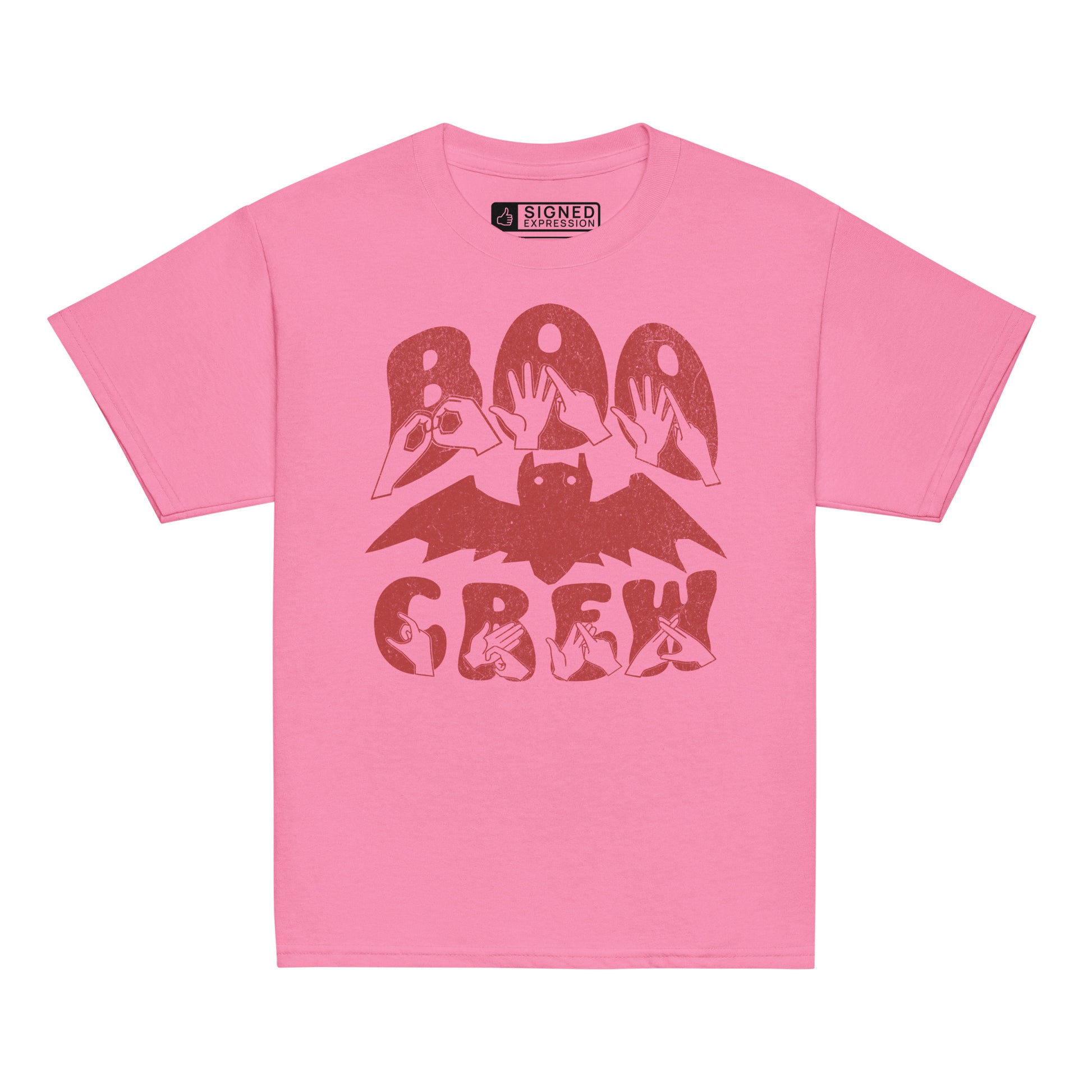 Azalea coloured kids Boo Crew bat Halloween t-shirt with BSL design.
