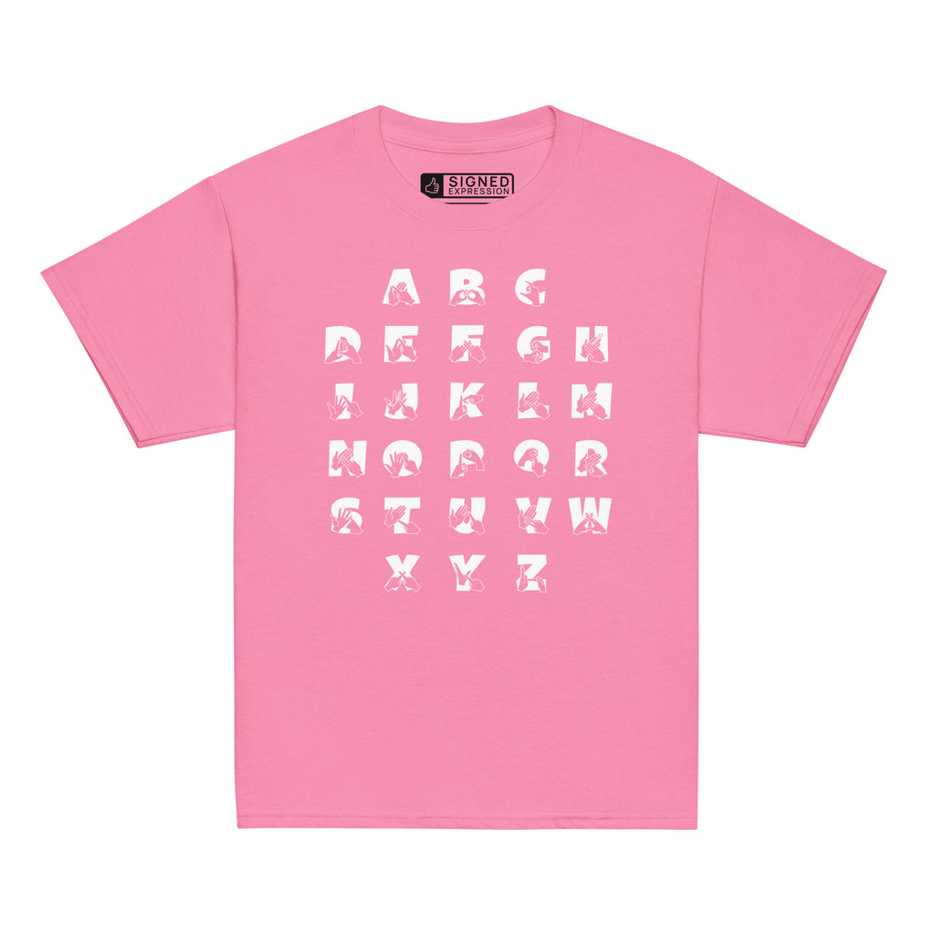 Front view of a azalea t-shirt with BSL Alphabet - White Fingerspelling & Text