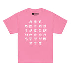 Front view of a azalea t-shirt with BSL Alphabet - White Fingerspelling & Text
