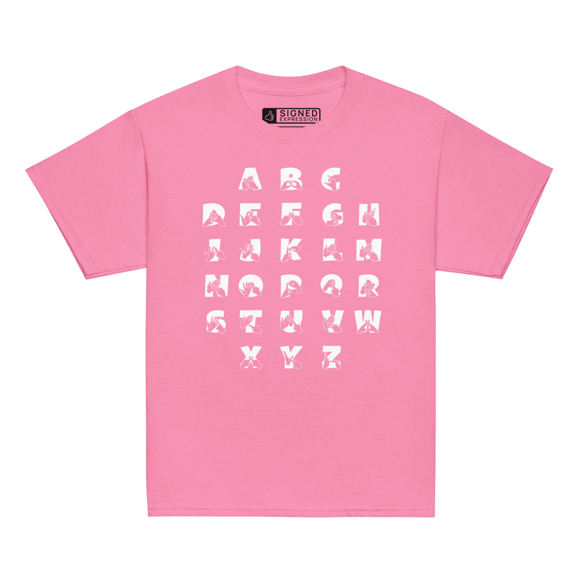Front view of a azalea t-shirt with BSL Alphabet - White Fingerspelling & Text