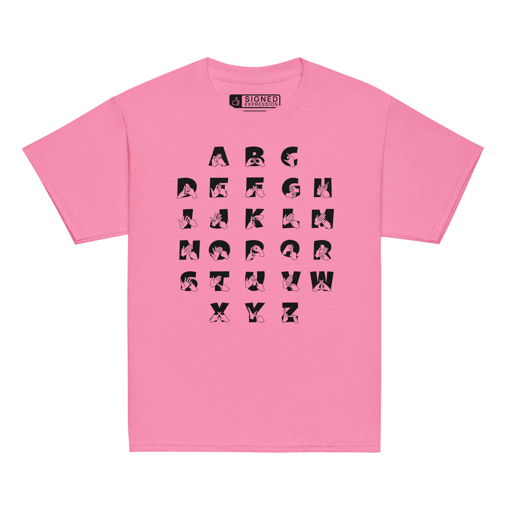 Front view of a azalea t-shirt with BSL Alphabet - Black Fingerspelling & Text