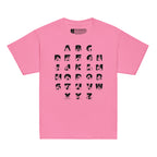 Front view of a azalea t-shirt with BSL Alphabet - Black Fingerspelling & Text
