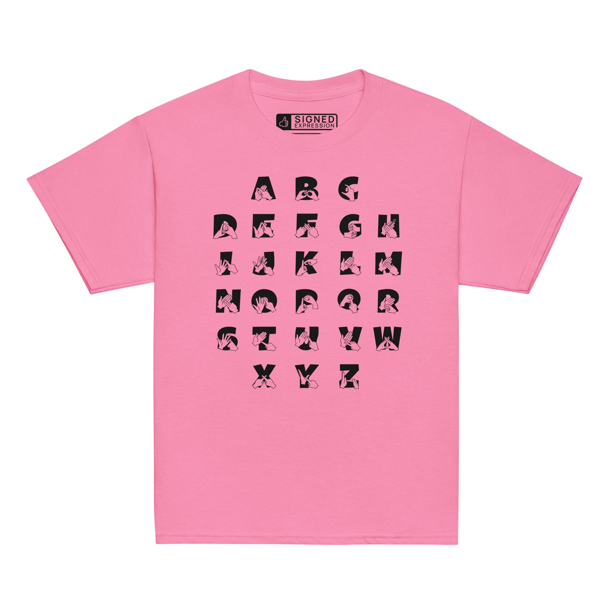 Front view of a azalea t-shirt with BSL Alphabet - Black Fingerspelling & Text