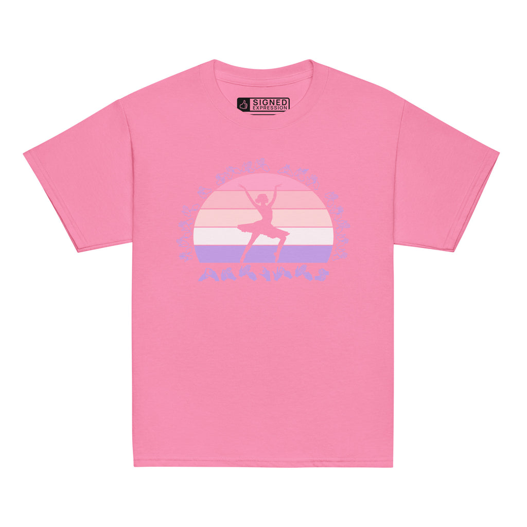 Azalea t-shirt with the phrase "Just a Girl Who Loves Dancing" above a colourful retro sunset and a silhouette of a girl dancing in the centre