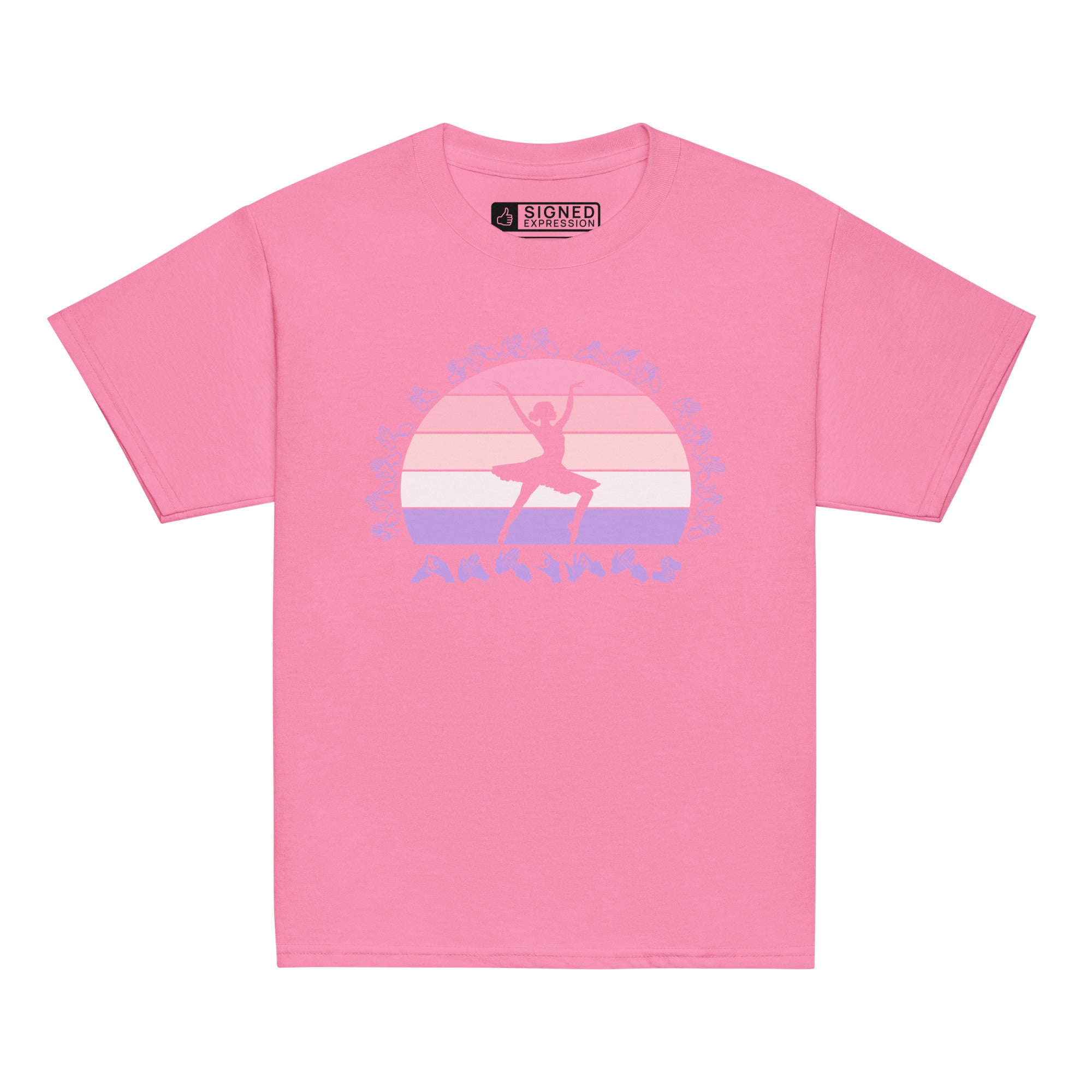 Azalea t-shirt with the phrase "Just a Girl Who Loves Dancing" above a colourful retro sunset and a silhouette of a girl dancing in the centre
