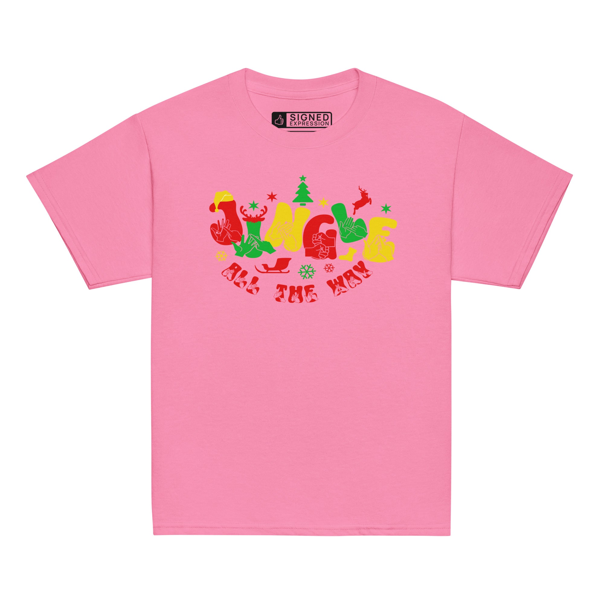 Azalea coloured Jingle All The Way kids t-shirt with BSL design.