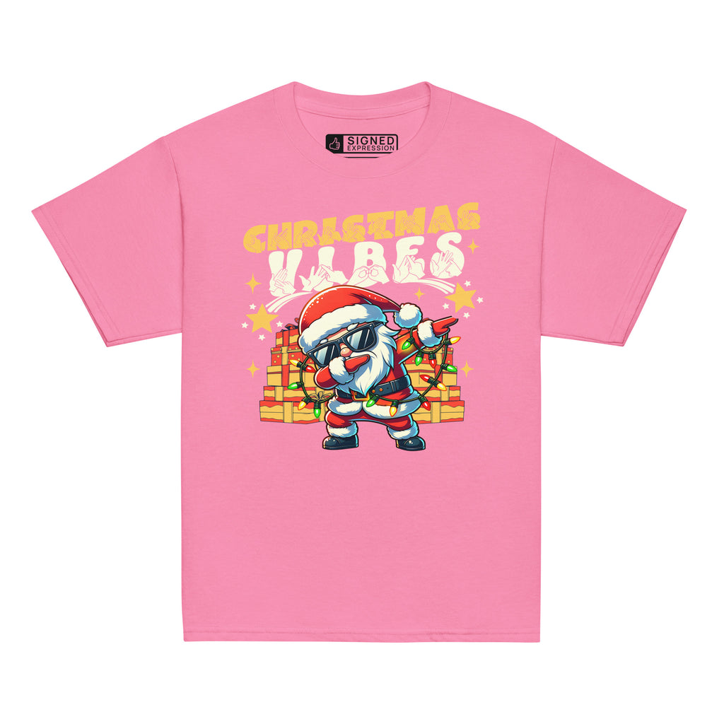 Azalea coloured Christmas Vibes kids t-shirt with BSL design.