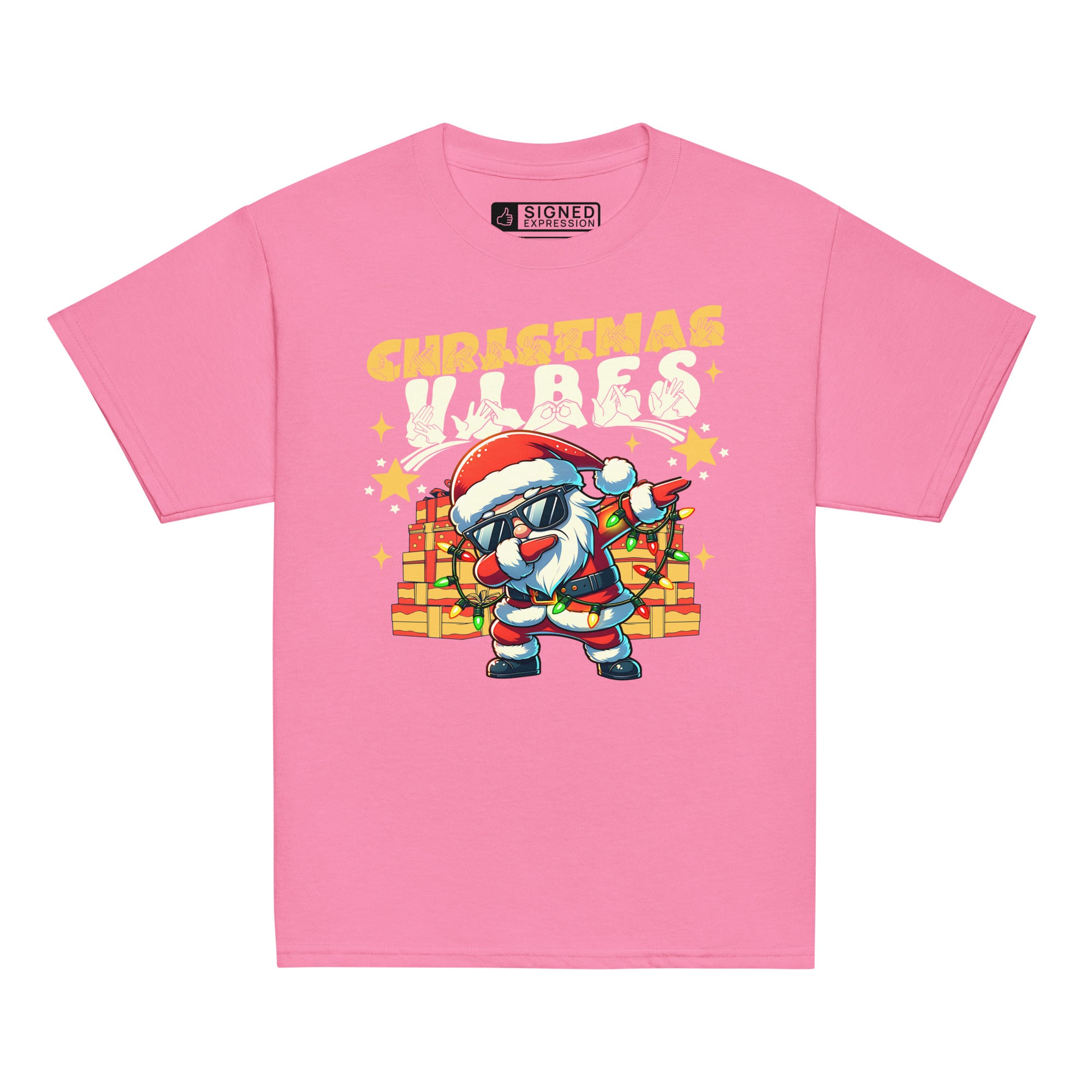 Azalea coloured Christmas Vibes kids t-shirt with BSL design.