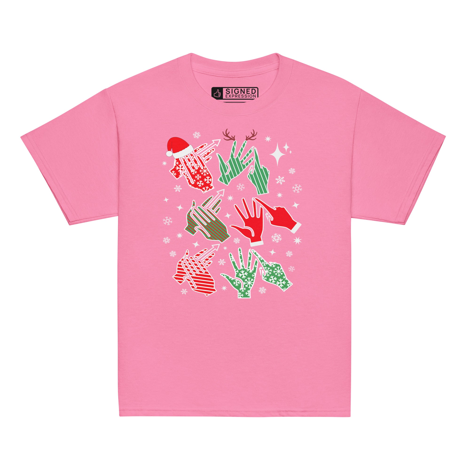 Azalea coloured Merry Christmas sweatshirt saying HO HO HO in BSL fingerspelling.