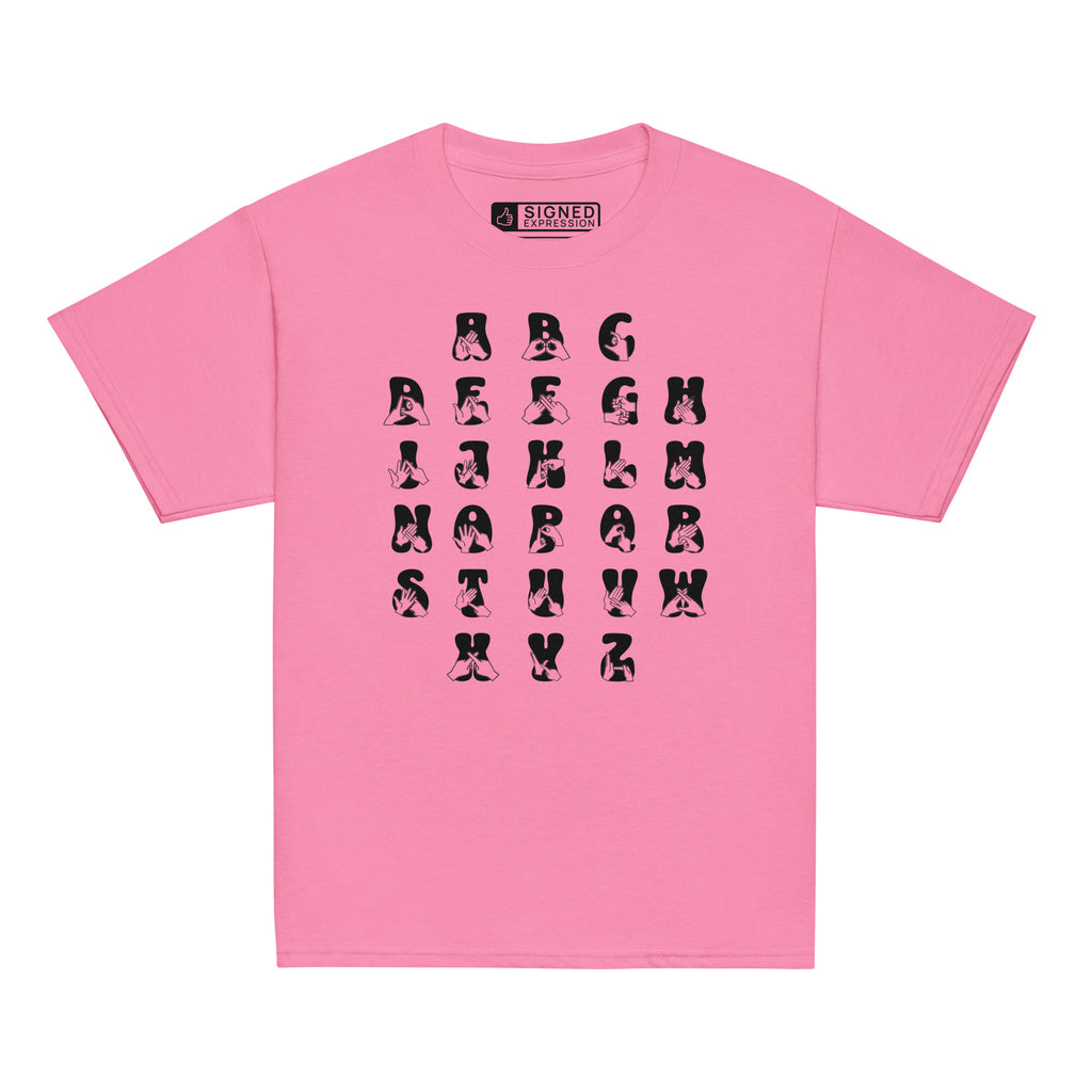 Front view of a azalea t-shirt with BSL Alphabet - Black Fingerspelling & Text