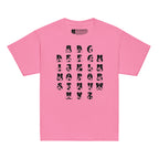 Front view of a azalea t-shirt with BSL Alphabet - Black Fingerspelling & Text