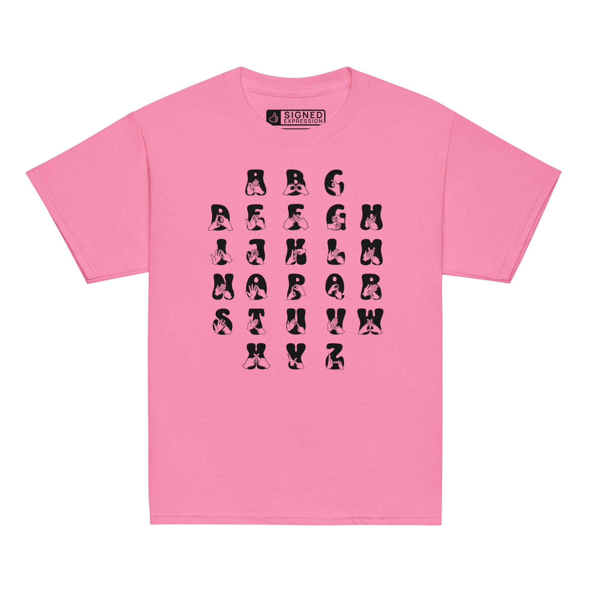 Front view of a azalea t-shirt with BSL Alphabet - Black Fingerspelling & Text