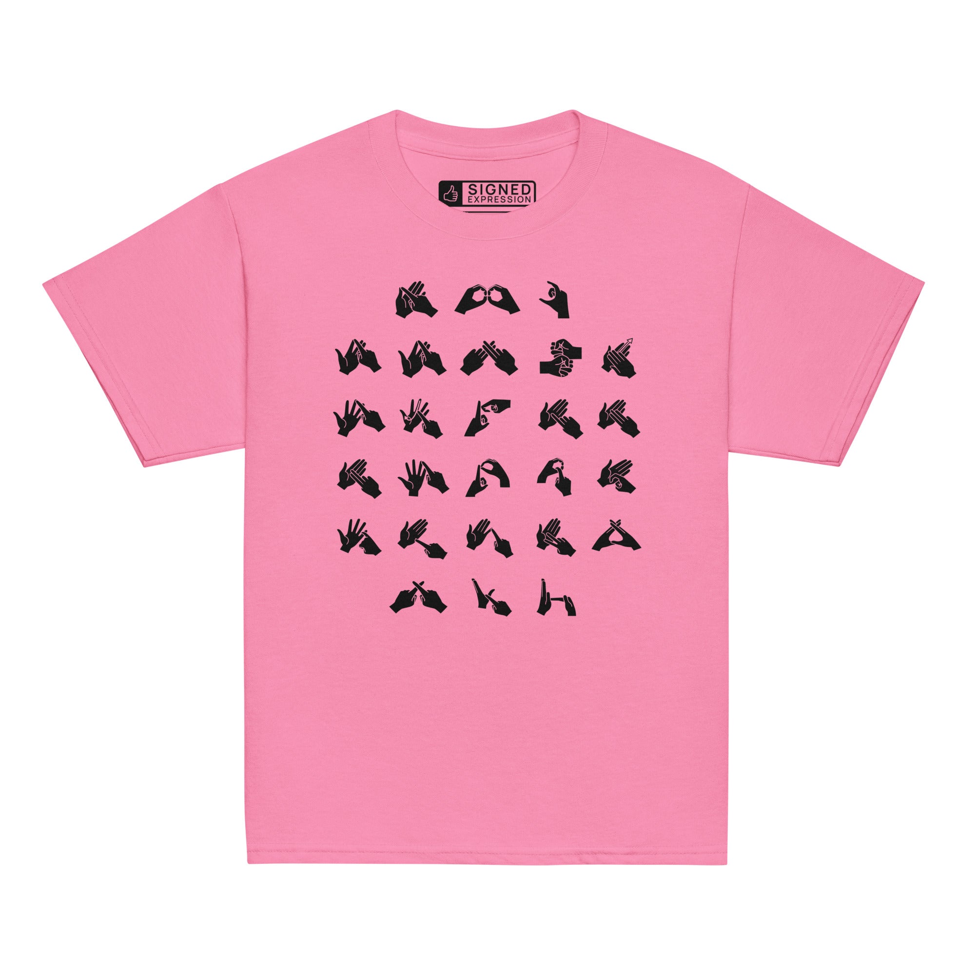 Front view of a azalea t-shirt with BSL Alphabet - Black Fingerspelling